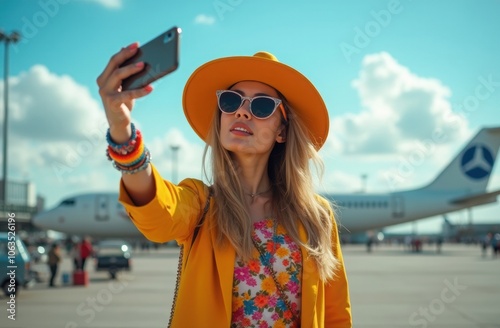 A woman takes a selfie at the airport, dressed in vibrant colors and a stylish hat, as a plane prepares for departure on a sunny day