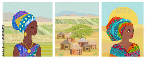 collection of banners with portraits of beautiful african women against wild landscape. set of colorful cards with fashionable black girls in traditional head scarf. scene of Africa rural village