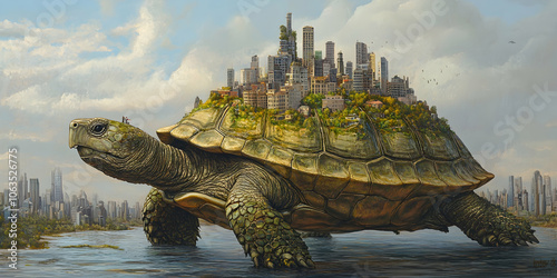 City nestled on a large turtlea??s back, blending natural and urban life in imaginative scene. 4k high quality image photo