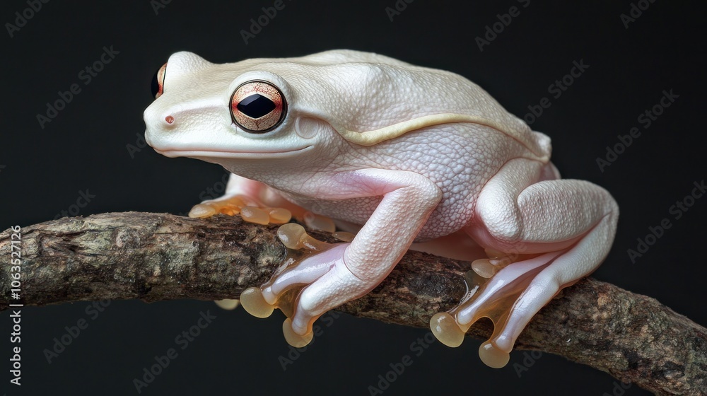 A white tree frog with red eyes sits on a branch. A white tree frog with red eyes sits on a branch.