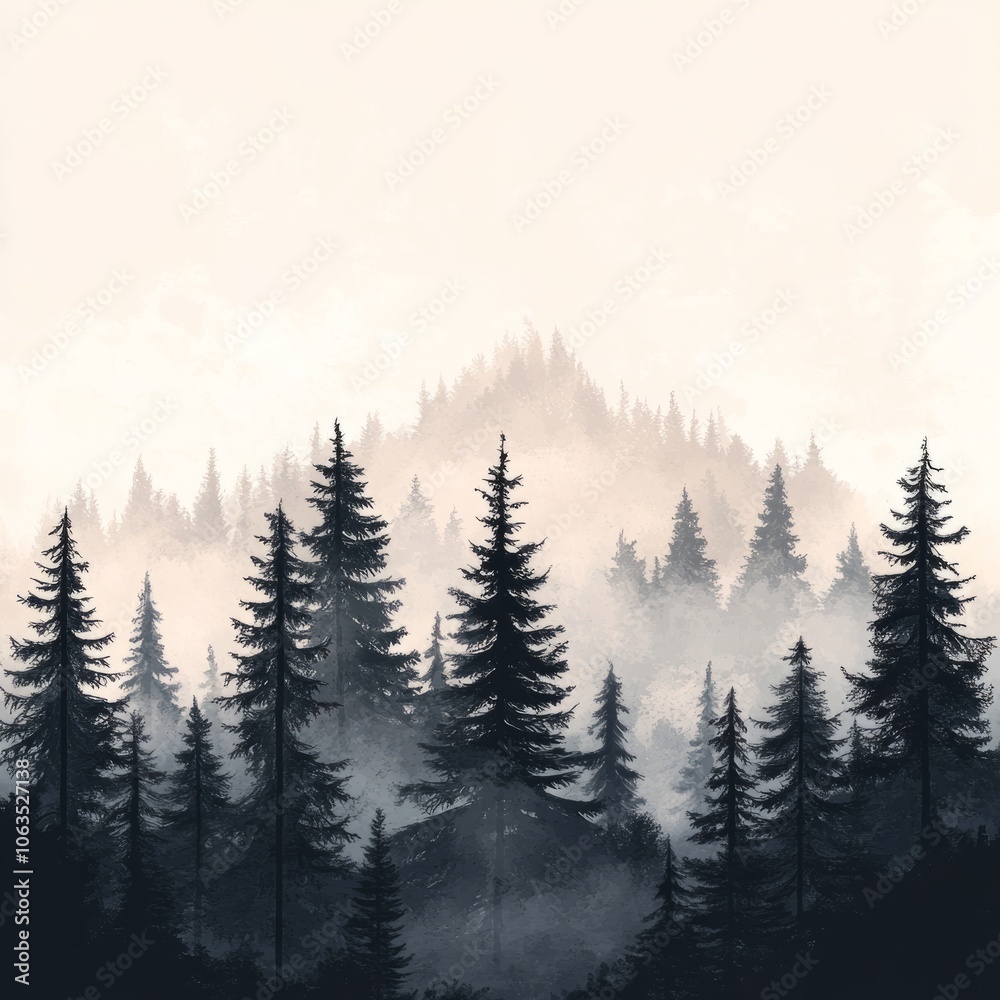 Obraz premium A serene forest landscape with misty trees and distant mountains.