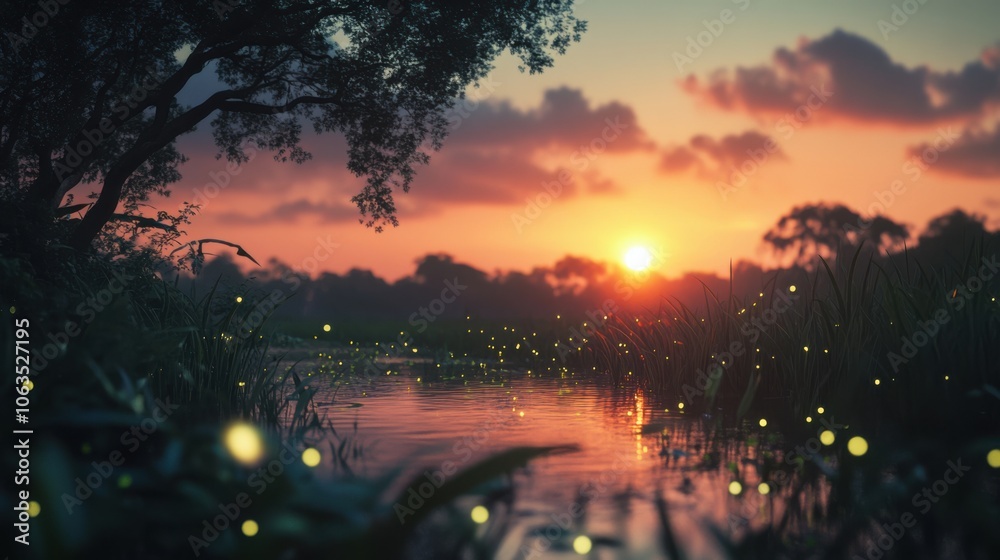 A vibrant snapshot of the Amazon rainforest at dusk,