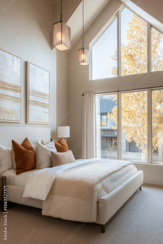 Obraz premium Cozy bedroom with large windows, warm tones, and modern decor. inviting space features comfortable bed with textured bedding and decorative pillows, creating serene atmosphere