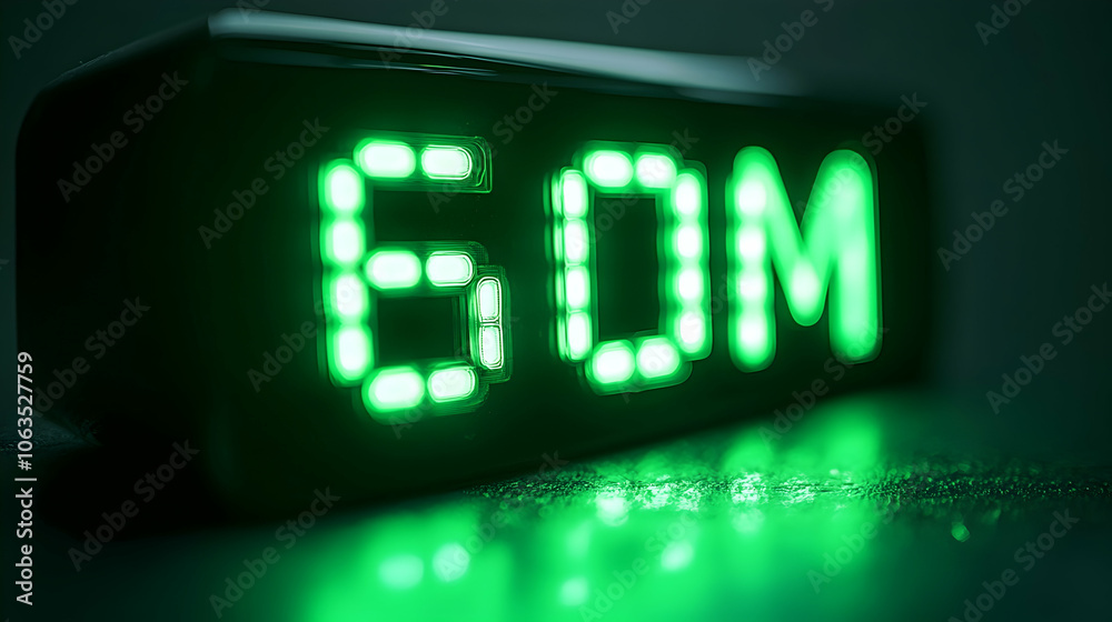 Digital alarm clock displaying 6:00 AM in bright green numbers. 4k high quality image Digital alarm clock displaying 6:00 AM in bright green numbers. 4k high quality image