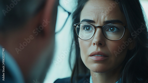 A close-up shot of a female financial advisor’s face as she attentively listens to her client’s financial concerns 