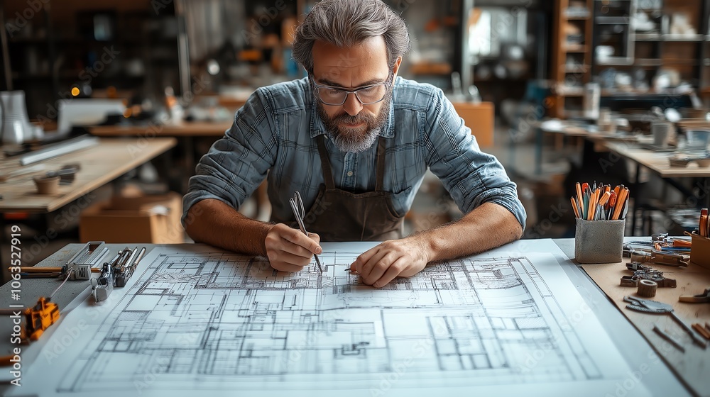 Architect working on detailed blueprints at a design studio workspace.