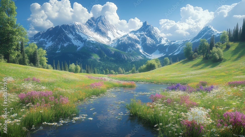 Breathtaking mountain view with vibrant flowers by a gentle stream under a clear sky. Breathtaking mountain view with vibrant flowers by a gentle stream under a clear sky.