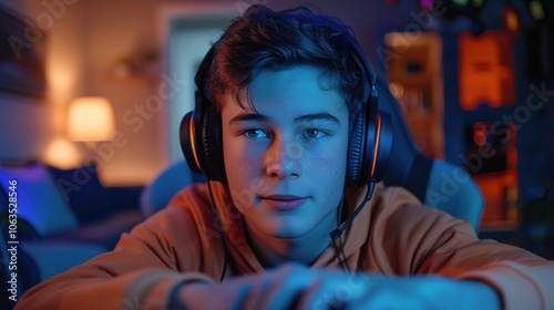 A young gamer intensely focused while engaging with the online gaming world, wearing headphones and illuminated by a soft blue ambient light.