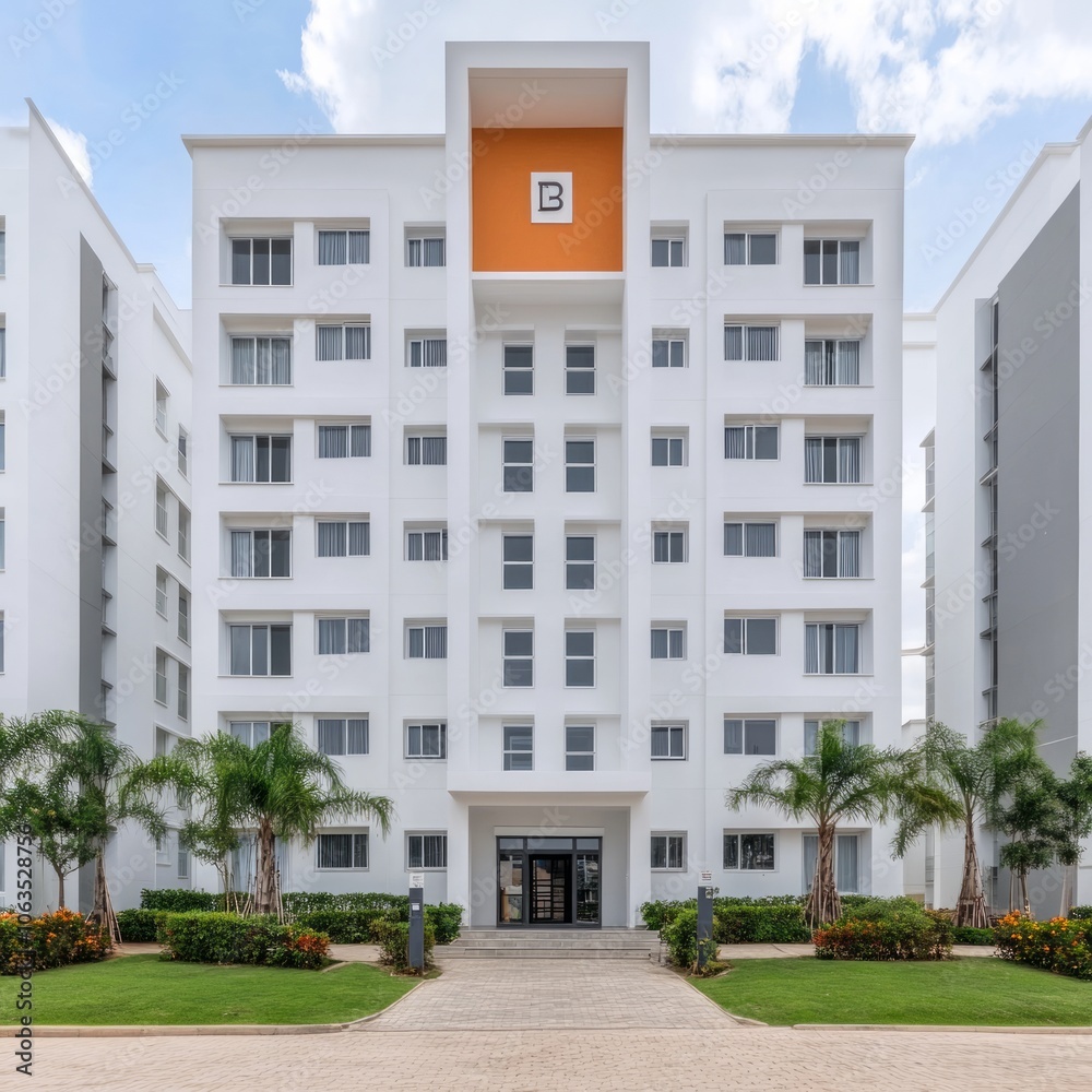 Modern multi-story building with landscaped entrance and clear blue sky. Modern multi-story building with landscaped entrance and clear blue sky.