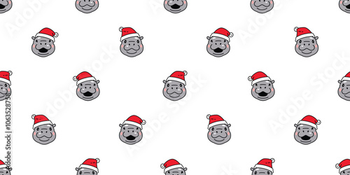 Baby Hippo seamless pattern pygmy hippo christmas santa claus hat vector hippopotamuses zoo face head pet animal cartoon character doodle tile background gift wrapping paper repeat wallpaper scarf iso