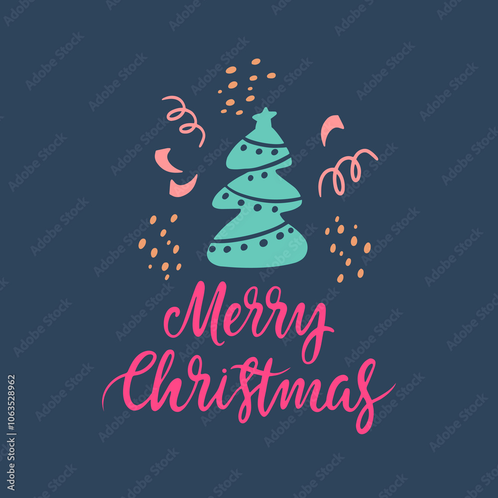 Merry Christmas lettering with Christmas tree on a dark background. Merry Christmas lettering with Christmas tree on a dark background.