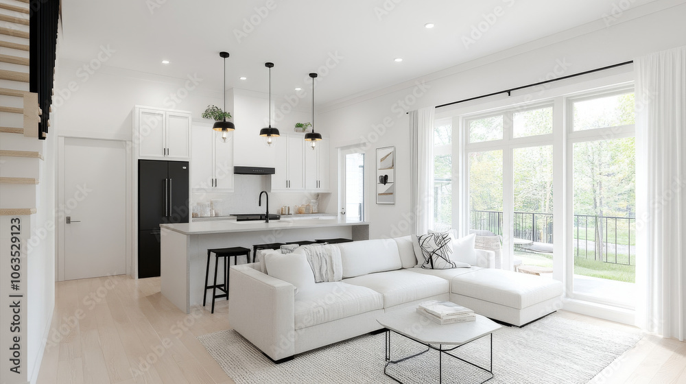 Modern living room with bright, airy atmosphere featuring white sectional sofa, sleek kitchen, and large windows overlooking greenery. space exudes comfort and style Modern living room with bright, airy atmosphere featuring white sectional sofa, sleek kitchen, and large windows overlooking greenery. space exudes comfort and style
