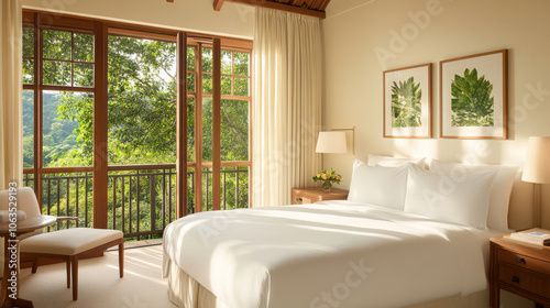 A serene bedroom featuring comfortable bed, large windows with lush greenery outside, and tasteful decor. natural light creates warm and inviting atmosphere