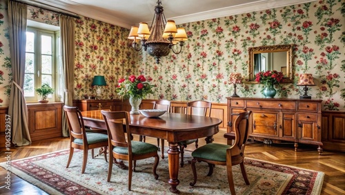 Vintage-inspired dining room with antique furniture and floral wallpaper