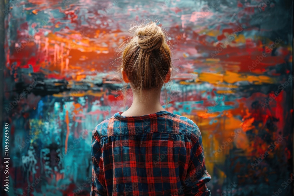 A thoughtful artist with a bun hairstyle stands in a colorful art studio, contemplating her vivid abstract painting teeming with vibrant hues and expressive strokes. A thoughtful artist with a bun hairstyle stands in a colorful art studio, contemplating her vivid abstract painting teeming with vibrant hues and expressive strokes.