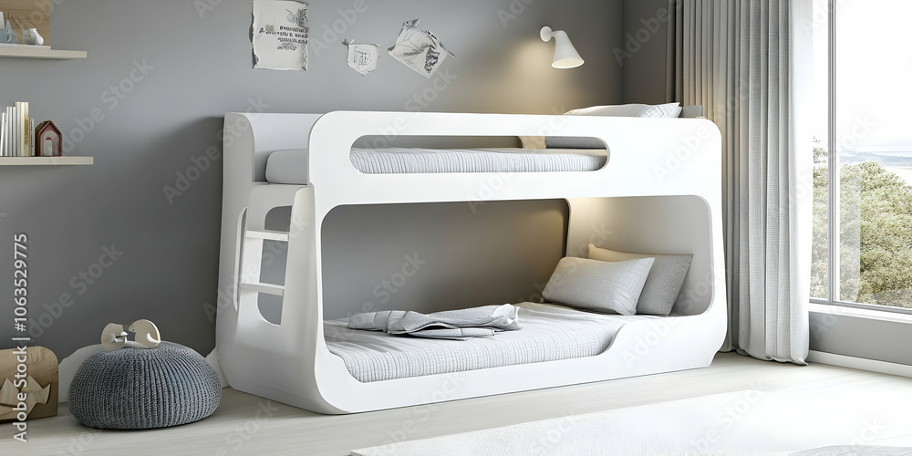 Minimalist childrena??s bunk bed in white with curved edges and compact ladder. 4k high quality image Minimalist childrena??s bunk bed in white with curved edges and compact ladder. 4k high quality image