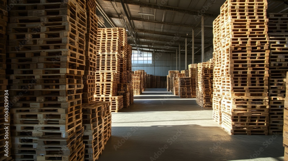 Stacked Wooden Pallets in a Warehouse Interior Stacked Wooden Pallets in a Warehouse Interior