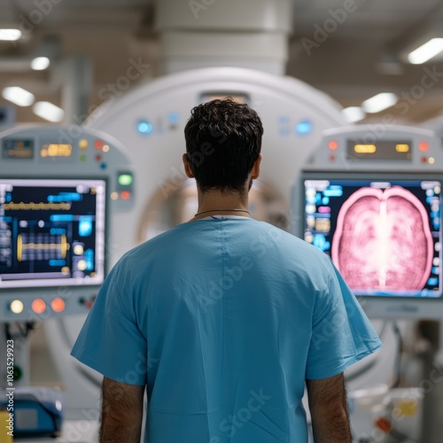 A healthcare professional analyzes medical imaging in a clinical setting.