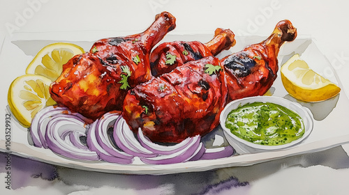 A watercolor of a flavorful tandoori chicken platter with sliced onions, lemon wedges, and green chutney on the side
