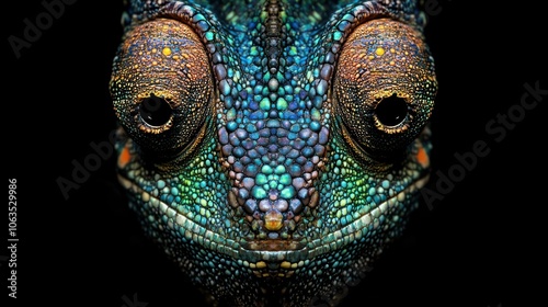 Close-up portrait of a vibrant green chameleon with large, protruding eyes against a black background.