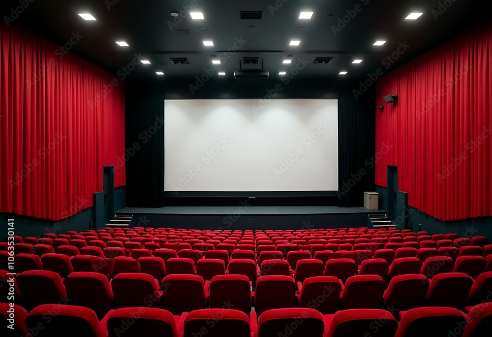 Fototapeta premium Blank screen movie theater in cinema hall with red chairs on spotlight