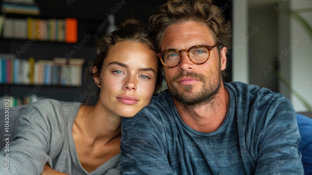 A lovely couple poses indoors, exuding elegance and warmth. The woman leans gently on the man, both displaying serene expressions. A lovely couple poses indoors, exuding elegance and warmth. The woman leans gently on the man, both displaying serene expressions.