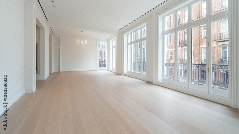 Spacious and bright interior featuring large windows and elegant wooden flooring, perfect for modern living. open layout invites natural light, creating warm atmosphere Spacious and bright interior featuring large windows and elegant wooden flooring, perfect for modern living. open layout invites natural light, creating warm atmosphere