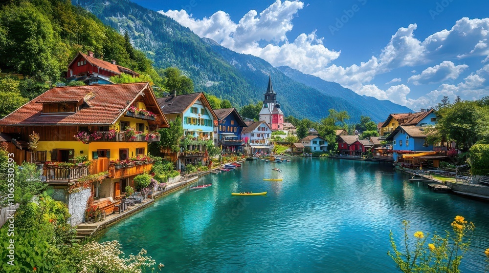 Medieval town with colorful houses overlooking a turquoise lake, breathtaking scenery, vibrant lakeside village, serene and picturesque Medieval town with colorful houses overlooking a turquoise lake, breathtaking scenery, vibrant lakeside village, serene and picturesque