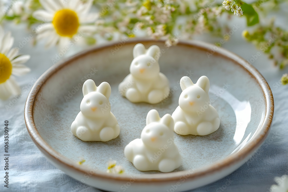 Small bunny-shaped sweets on a ceramic plate, perfect for spring celebrations. 4k high quality image Small bunny-shaped sweets on a ceramic plate, perfect for spring celebrations. 4k high quality image