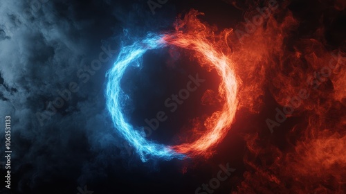 glowing ring of red and blue light floats against dark, smoky background, creating striking contrast. vibrant colors and abstract design evoke sense of mystery and energy