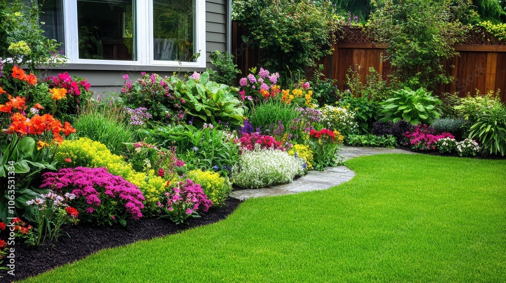 Fototapeta premium Charming Cottage Garden with a Colorful Flower Mix