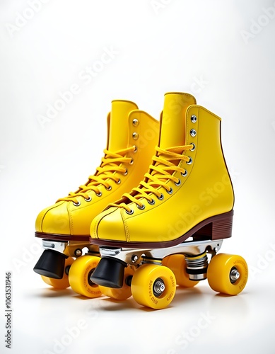 A pair of yellow roller skates on white background, sports concept