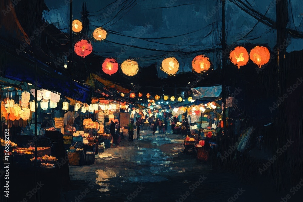 Obraz premium A night market in Thailand with stalls illuminated by bright lanterns in various colors