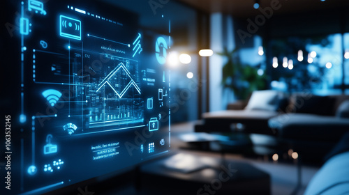 Wallpaper Mural A home theater system connected to a smart home hub, where lights dim automatically, and the projector turns on via voice command, with the system managed through an IoT-connected Torontodigital.ca