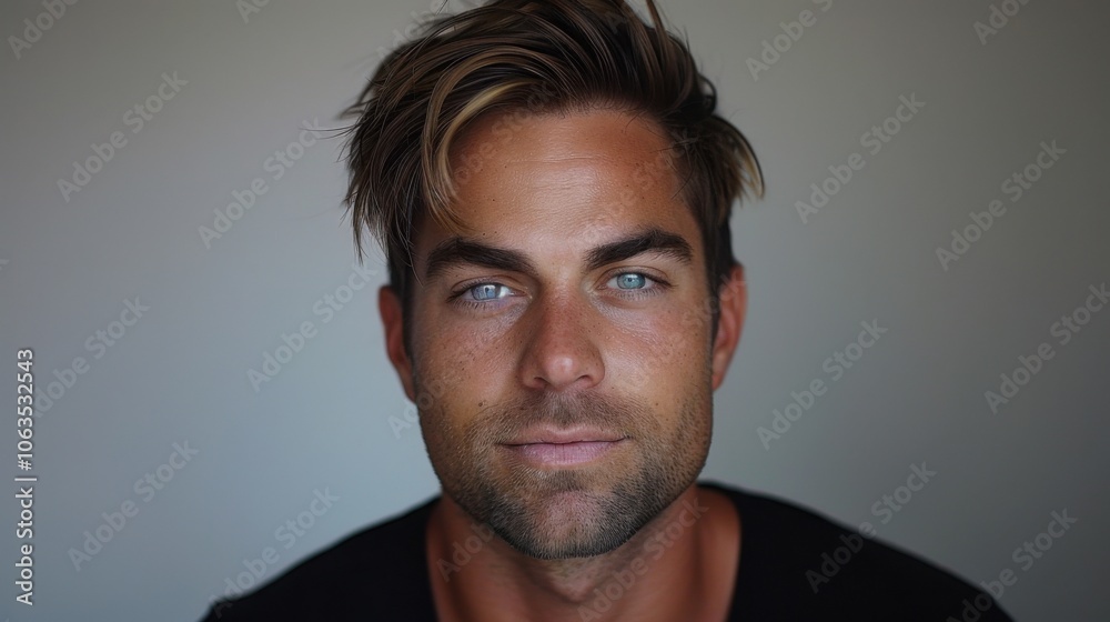 Portrait of a confident man with striking blue eyes and styled hair, set against a plain white background. The lighting highlights facial features. Portrait of a confident man with striking blue eyes and styled hair, set against a plain white background. The lighting highlights facial features.