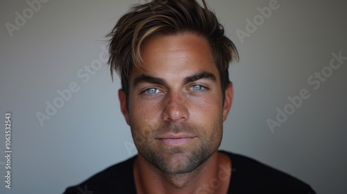 Portrait of a confident man with striking blue eyes and styled hair, set against a plain white background. The lighting highlights facial features.