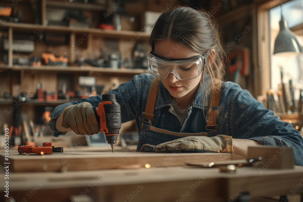 Focused Woman Working on Wood in Workshop. Focused Woman Working on Wood in Workshop.