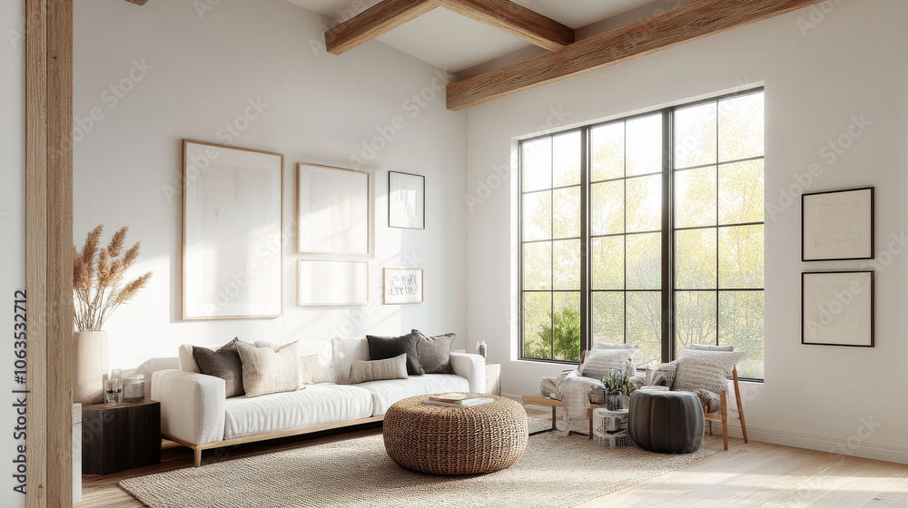 Fototapeta premium A bright and airy living room featuring modern sofa, decorative cushions, and stylish coffee table. Large windows allow natural light to fill space, enhancing cozy atmosphere