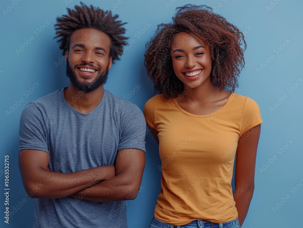 Obraz premium Two people smiling against a solid blue background, showcasing joyful expressions and casual outfits.
