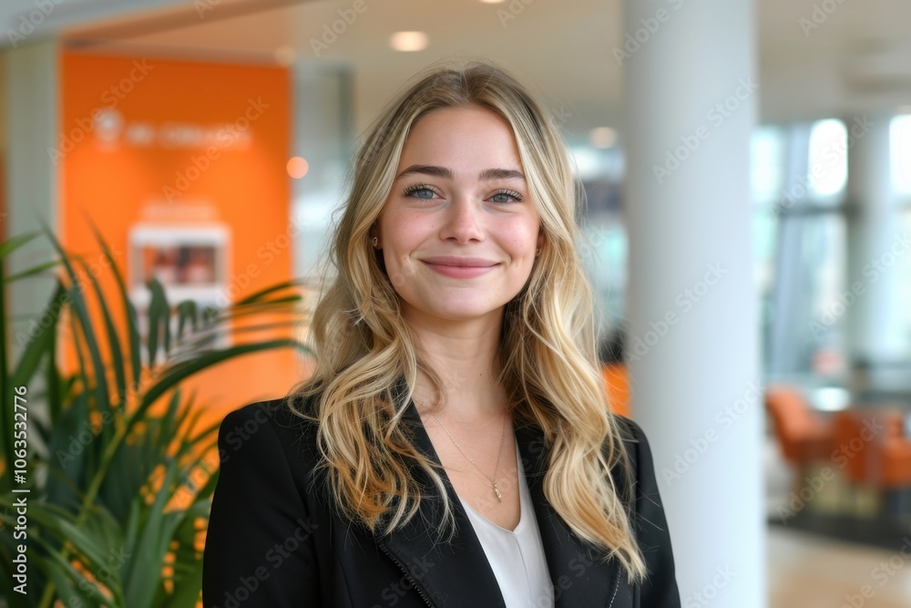 A smiling businesswoman looks away thoughtfully in a modern office with bright lighting and some greenery around. A smiling businesswoman looks away thoughtfully in a modern office with bright lighting and some greenery around.
