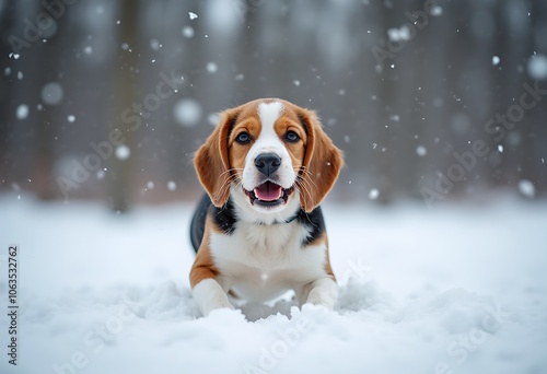 Portrait of a beagle puppy playing snow on a snowy landscape view in winter season