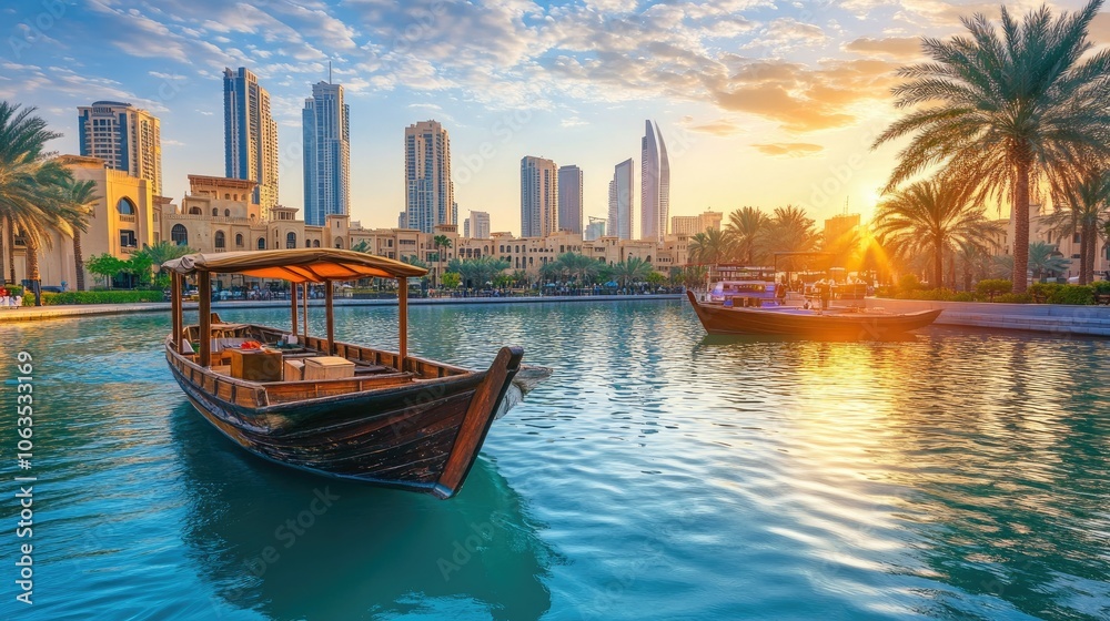Obraz premium Dubai Creek with dhow boats and historic buildings, with ample space for text.