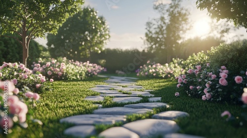 Serene Garden Pathway Surrounded by Blooming Flowers