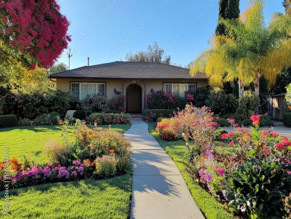 Obraz premium Charming suburban house with lush garden and vibrant landscaping in idaho