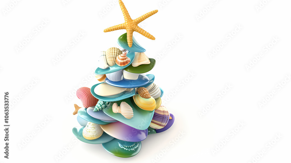 3D animated christmas ornament featuring seashells and sea creatures with a starfish on top, made from beach elements