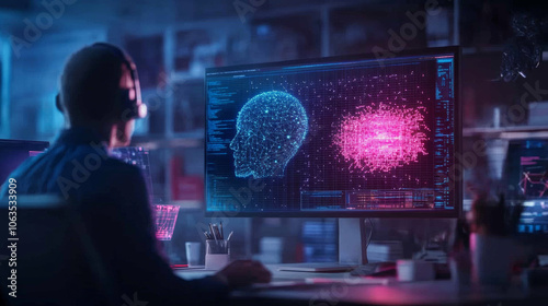 image depicts person working on computer, analyzing data related to artificial intelligence and digital networks. vibrant visuals of digital brain and data points create futuristic atmosphere, emphas photo