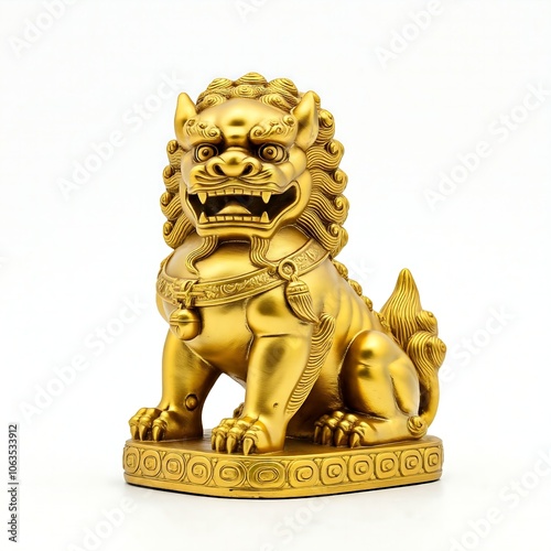 Chinese golden Foo Dog, guardian lion statue isolated on white background