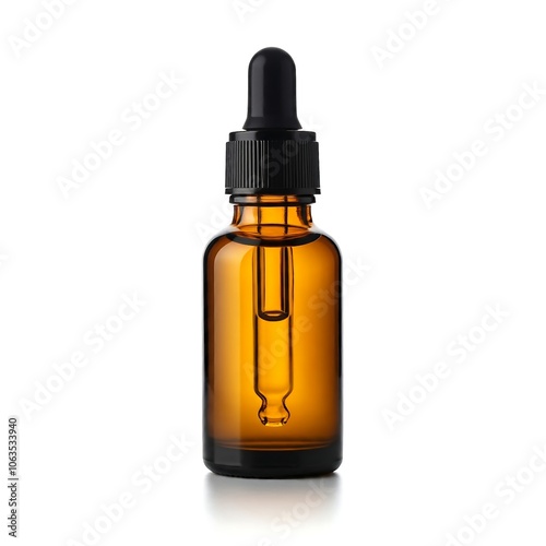 An empty amber glass dropper bottle with black neck pipette isolated on white background