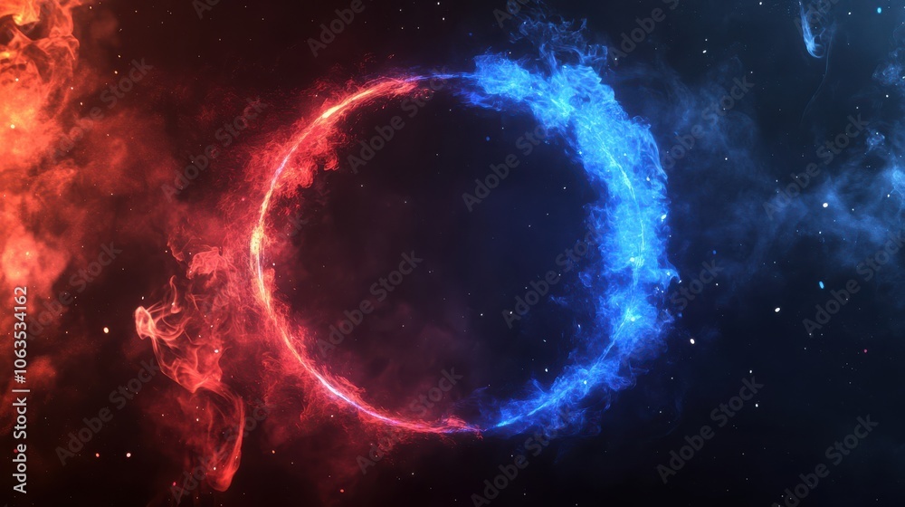 Obraz premium vibrant abstract light ring with blue and red colors, surrounded by cosmic background, creating dynamic and energetic visual effect