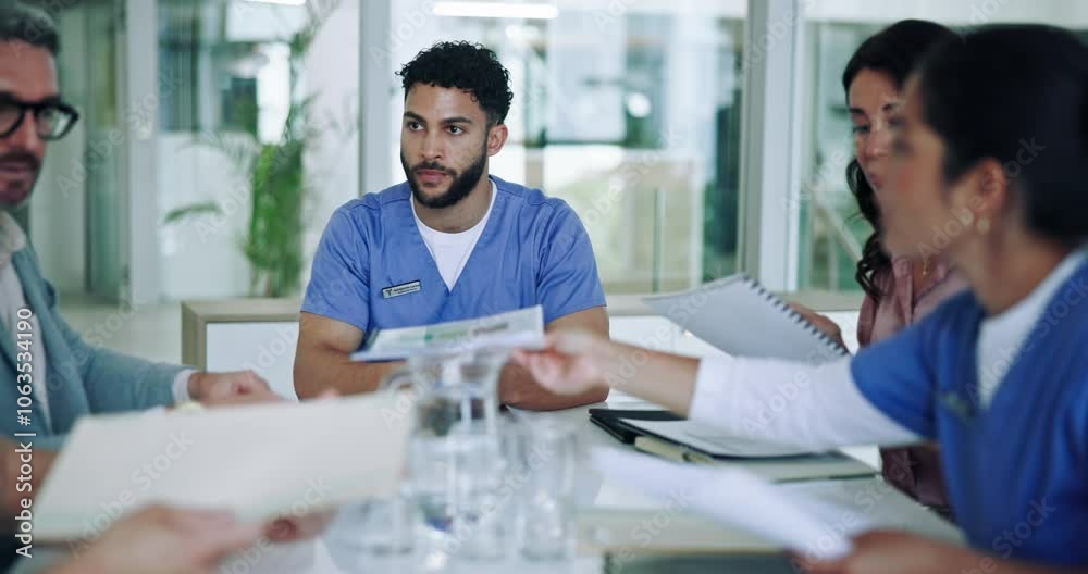 Healthcare, stress and doctors with team, man and confused with surgeon, tension and crisis. Employees, group and medical with professional, documents and frustrated with headache and pressure Healthcare, stress and doctors with team, man and confused with surgeon, tension and crisis. Employees, group and medical with professional, documents and frustrated with headache and pressure